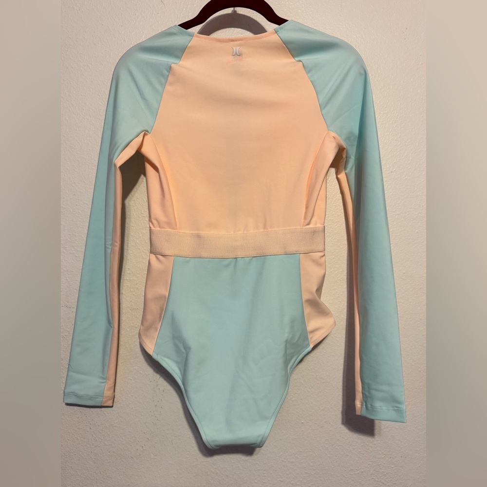 Hurley Two-Tone Peach and Mint Long-Sleeve One-Piece Swimsuit - Picture 2 of 6